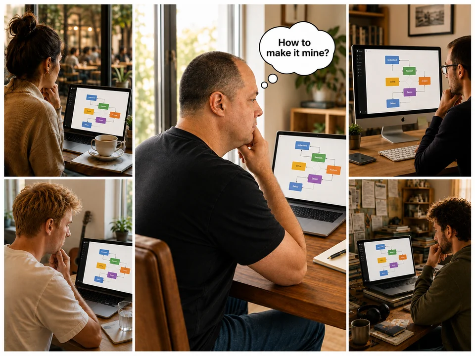 A product professional works at a laptop while other professionals in different settings view similar AI-assisted diagrams, framing the question of how judgment makes the work one's own.
