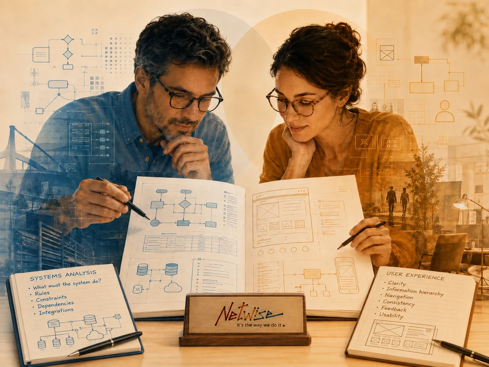 Conceptual illustration of a Systems Analysis specialist and a UX specialist reviewing one shared specification, with systems and UX diagrams around them.