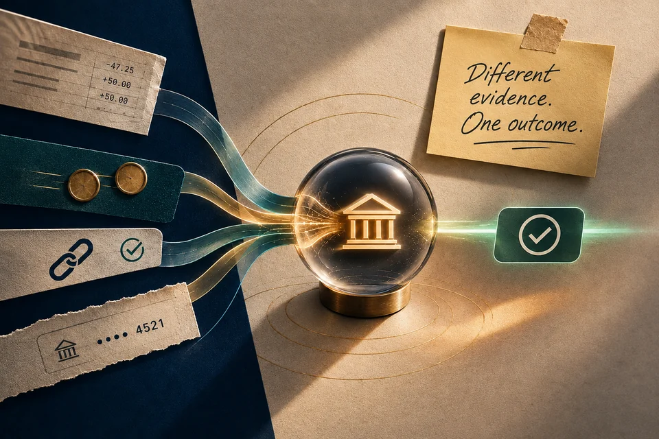 Editorial conceptual illustration showing several forms of bank-account evidence flowing toward a bank-verification outcome, with a note reading “Different evidence. One outcome.”
